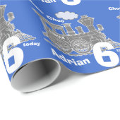 Jongens naam leeftijd trein loco blauw grijs verja cadeaupapier (Rol Hoek)