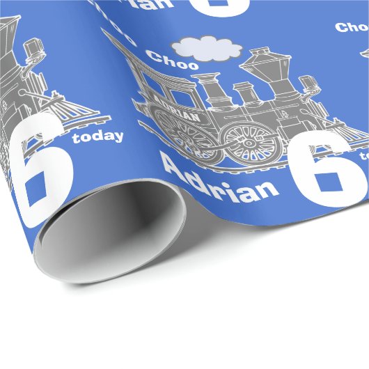 Jongens naam leeftijd trein loco blauw grijs verja cadeaupapier (Rol Hoek)