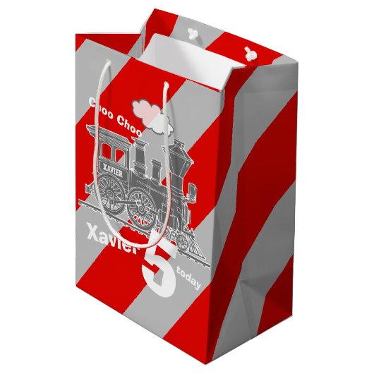 Jongens naam leeftijd trein loco grijs 5e verjaard medium cadeauzakje (Achterkant Gekanteld)