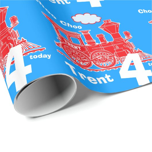 Jongens naam leeftijdstrein lokale rode blauwe ver cadeaupapier (Rol Hoek)