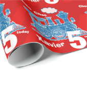 Jongens naam leeftijdstrein lokale rode blauwe ver cadeaupapier (Rol Hoek)