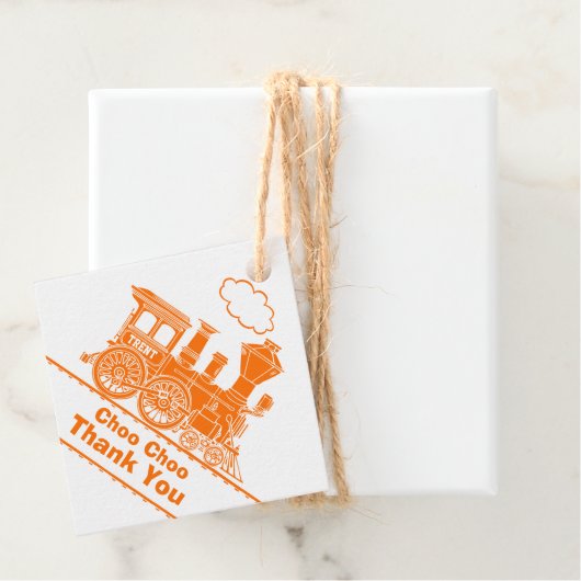 Jongens naam trein loco sinaasappel wit verjaardag bedankjes labels (In situ)