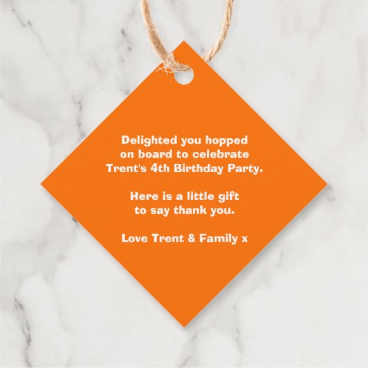 Jongens naam trein loco sinaasappel wit verjaardag bedankjes labels (Achterkant)