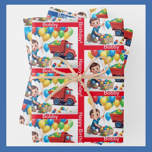 JONGEN'S NAAM Verjaardag Dump Truck Ballonnen Inpakpapier Vel