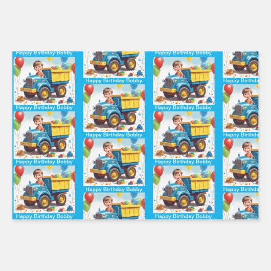 Jongen's NAAM Verjaardag Dump Truck Vol Geschenken Inpakpapier Vel (Voorkant 3)