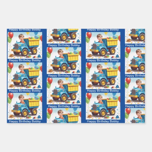 Jongen's NAAM Verjaardag Dump Truck Vol Geschenken Inpakpapier Vel (Voorkant 2)