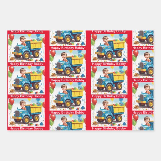 Jongen's NAAM Verjaardag Dump Truck Vol Geschenken Inpakpapier Vel (Voorkant)