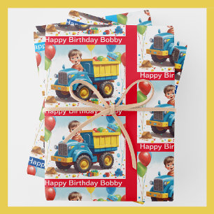 Jongen's NAAM Verjaardag Dump Truck Vol Geschenken Inpakpapier Vel