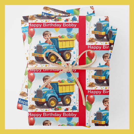 Jongen's NAAM Verjaardag Dump Truck Vol Geschenken Inpakpapier Vel