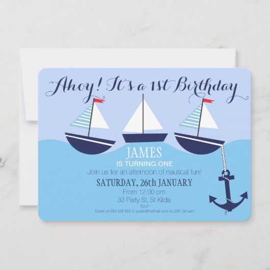 Jongen's Nautical 1st Birthday Party Invitation Kaart (Voorkant)