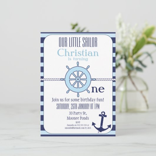 Jongens Nautisch 1e Verjaardagsfeest Uitnodiging (Staand voorkant)
