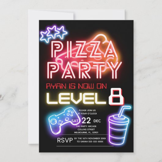 Jongens Neon Pizza Party Verjaardag Uitnodiging (Voorkant)
