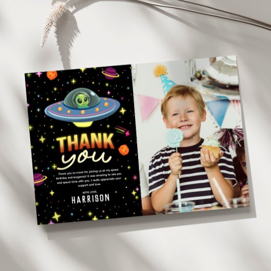 Jongens Neon Space UFO Verjaardag Foto Bedankt