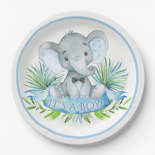 Jongens Olifant Baby shower Papier Borden Papieren Bordje (Voorkant)