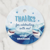 Jongens onder het Zee Ocean Shark 5th Birthday Bedankjes Labels (Voorkant)