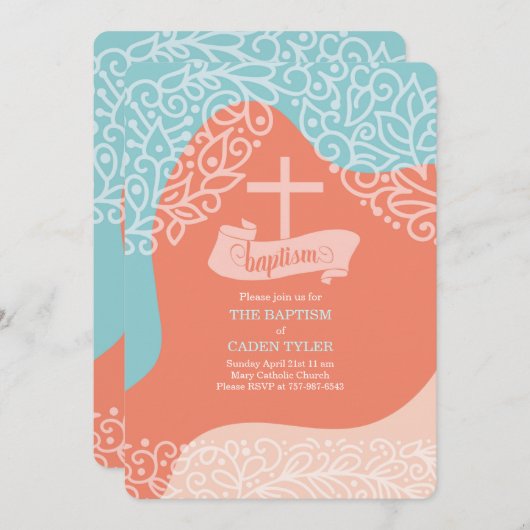 Jongens Oranje en blauw met Cross Baptism Invitati Kaart (Voorkant / Achterkant)