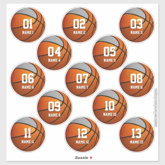 jongens oranje grijze set van 13 basketbal sticker (Vel)