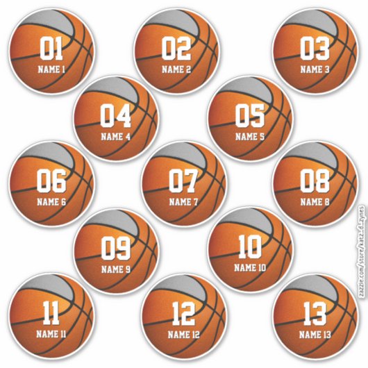 jongens oranje grijze set van 13 basketbal sticker (Voorkant)
