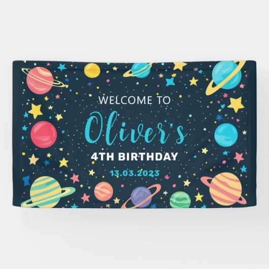 Jongens Outer Space Planets en Sterren Verjaardags Spandoek (Horizontaal)