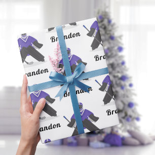 Jongens Paarse Ice Hockey Player & Name Winter Spo Cadeaupapier