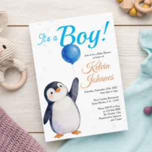 Jongens Pinguïn Blauwe Ballon Waterverf Baby Borre Kaart
