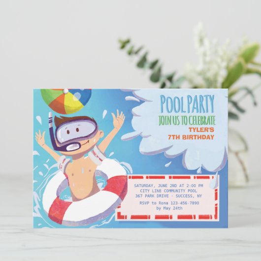 Jongen's Pool Party uitnodiging (Staand voorkant)