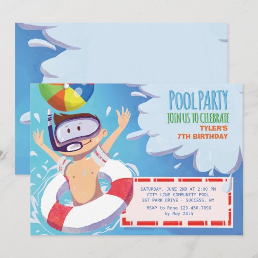 Jongen's Pool Party uitnodiging (Voorkant / Achterkant)
