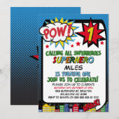 Jongens Pow Blauw Rode Superheld 1e Verjaardag Kaart (Voorkant / Achterkant)