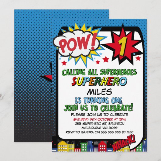 Jongens Pow Blauw Rode Superheld 1e Verjaardag Kaart (Voorkant / Achterkant)