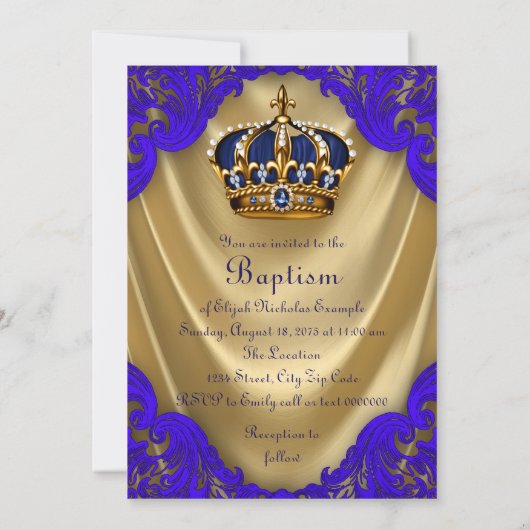 Jongens Prins Doop Koninklijk Blauw en Goud Satijn Kaart (Achterkant)