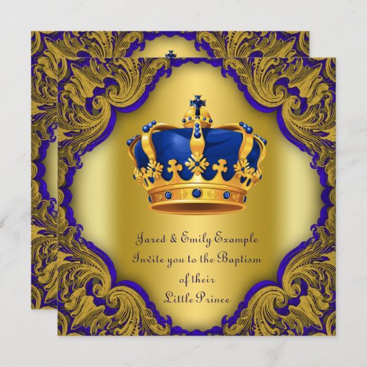 Jongens Prins Doop Koninklijke Blauwe en Gouden Kr Kaart (Voorkant / Achterkant)