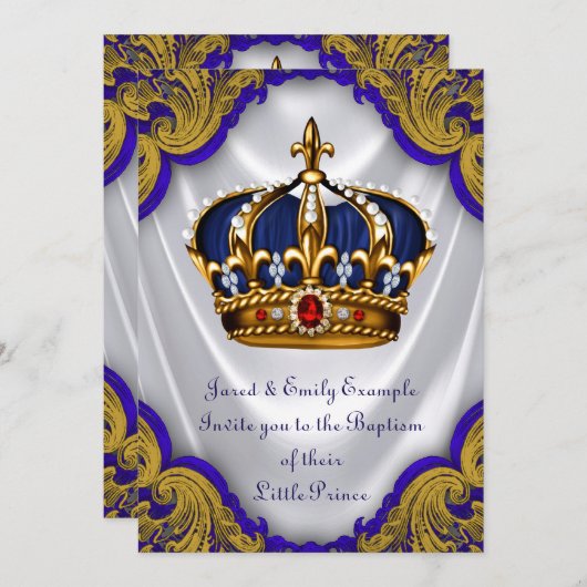 Jongens Prins Doop Royal Blue Gold Ruby Crown Kaart (Voorkant / Achterkant)