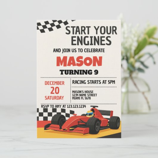 Jongens Race Auto Verjaardag Uitnodiging (Staand voorkant)