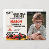 Jongens Race Auto Verjaardag Uitnodiging met foto (Voorkant / Achterkant)