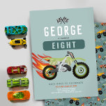 Jongens Racing Motorbike Kids Verjaardag Uitnodigi Kaart<br><div class="desc">Dit moderne en coole jongens 8e verjaardag uitnodiging ontwerp is voorzien van een auto met hete vlammen, met een bijpassende racemotor, wiel en auto patroon op de rug. De kaart kan worden gepersonaliseerd met een naam en andere gegevens die nodig zijn voor uw feest. Stel in als een uitnodiging voor...</div>
