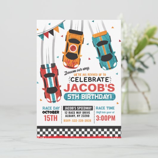 Jongens Racing Race Auto Verjaardag Uitnodiging (Staand voorkant)