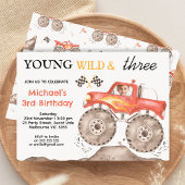 Jongens Red Monster Truck Young Wild Drie Verjaard Kaart