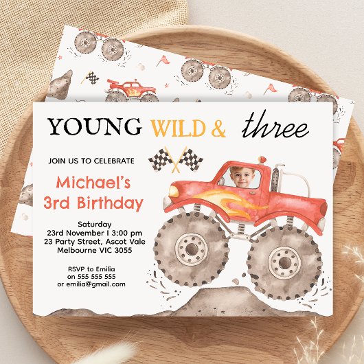 Jongens Red Monster Truck Young Wild Drie Verjaard Kaart