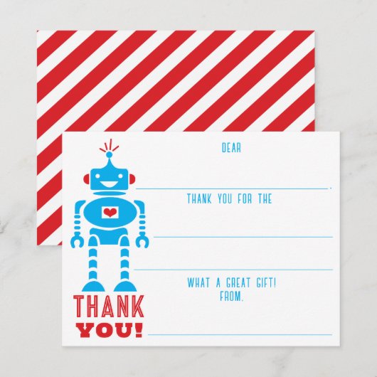 Jongens robot vult blanco dank in notitiekaartje (Voorkant / Achterkant)