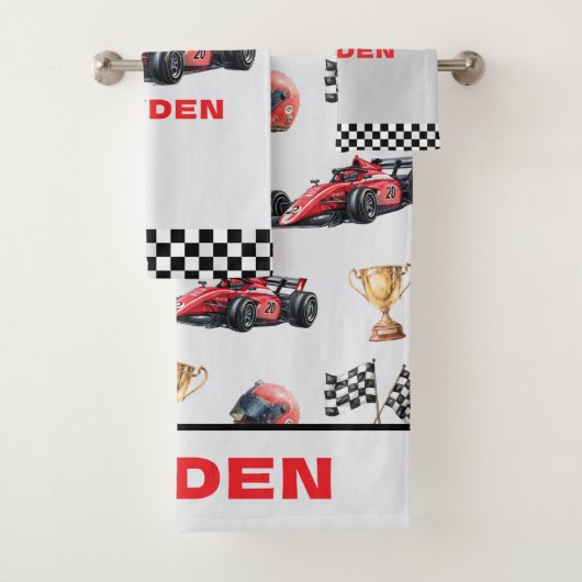 Jongens rode raceautopatronen gepersonaliseerd bad handdoek (Insitu)