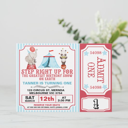 Jongens Rood Blauw Grootste Show Circus Ticket Ver Kaart (Staand voorkant)