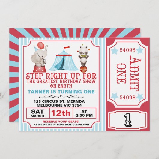 Jongens Rood Blauw Grootste Show Circus Ticket Ver Kaart (Voorkant / Achterkant)