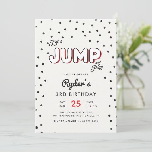 Jongens Rood en Zwart Jump & Bounce Party Uitnodig Kaart (Staand voorkant)