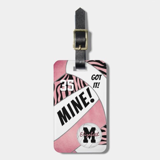 Jongens roze met zebra strepen volleyball bagagelabel (Voorkant verticaal)