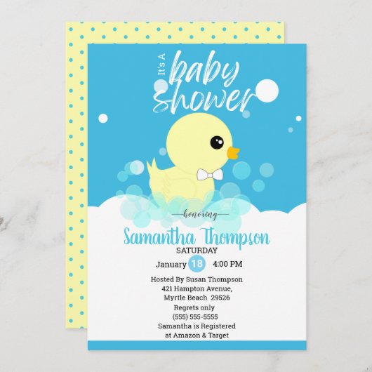 Jongens Rubber Ducky Baby Shower-uitnodigingen Kaart (Voorkant / Achterkant)