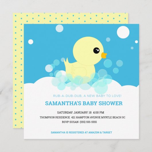 Jongens Rubber Ducky Baby Shower-uitnodigingen Kaart (Voorkant / Achterkant)