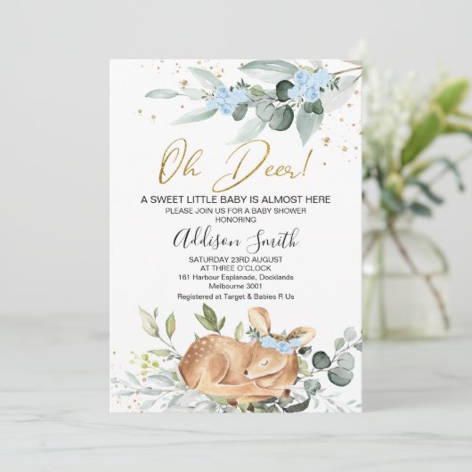 Jongens Rustiek Groen Bladgroen Oh Herten Baby sho Kaart (Staand voorkant)