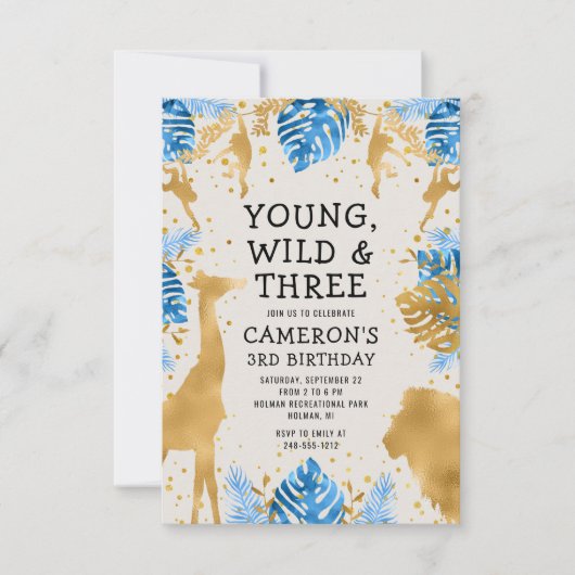 Jongens Safari 3e Verjaardagsfeestje Blauw Goud Ec Kaart (Voorkant)