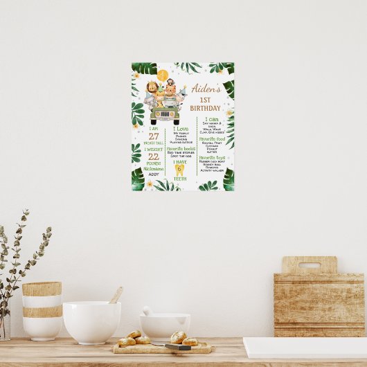 Jongens Safari Dieren 1e Verjaardag Milestone Poster (Keuken)