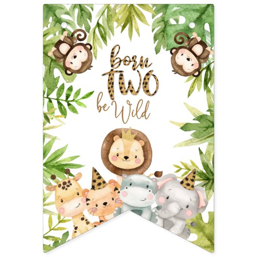 Jongens Safari Dieren Twee Wilde 2e Verjaardag Vlaggetjes (Eerste vlag)